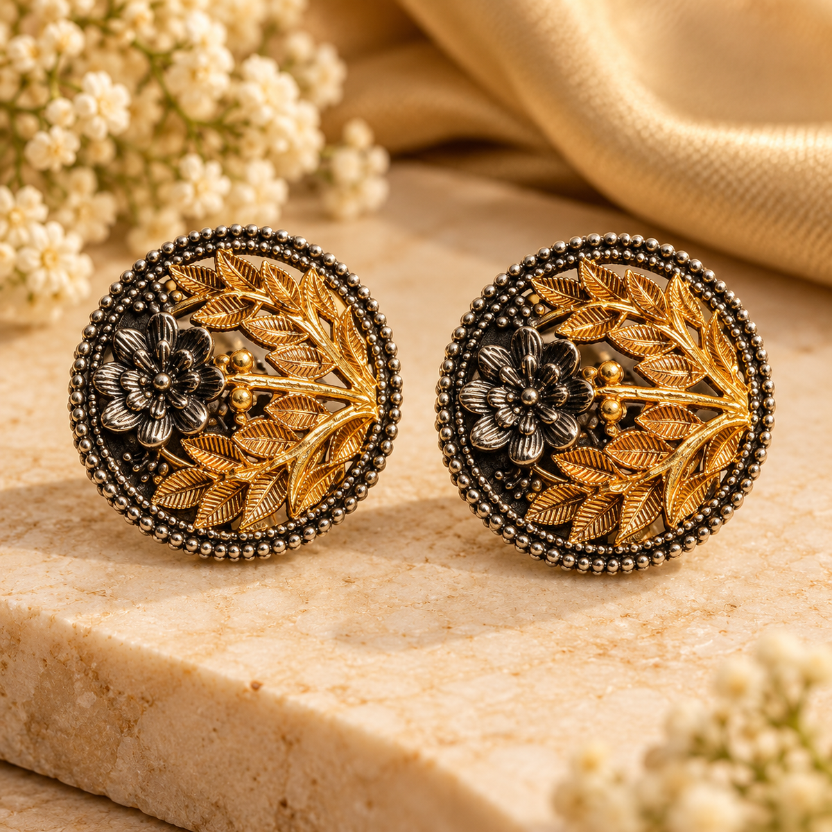 Dual Tone Floral Leaf Design Stud Earrings