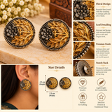 Dual Tone Floral Leaf Design Stud Earrings