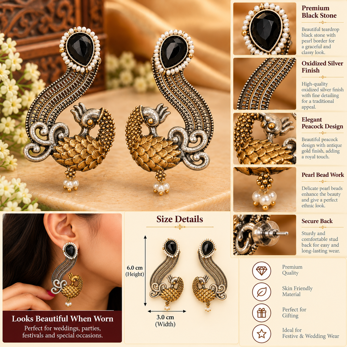 Morni Peacock Black Stone Earcuff Earrings