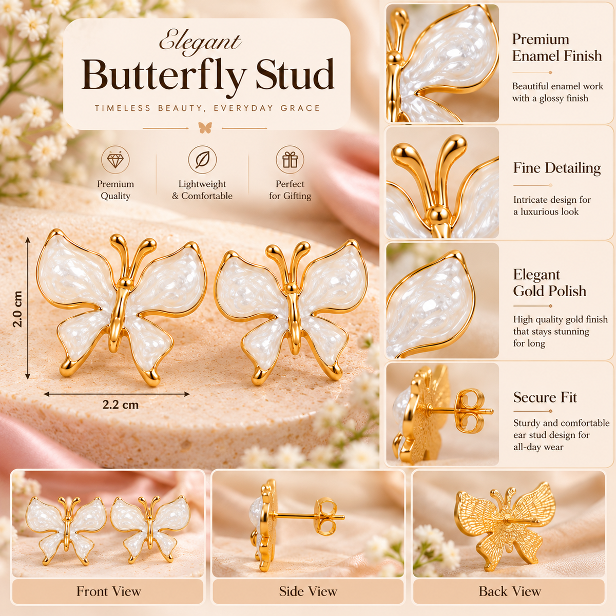 White Enamel Butterfly Stud Earrings