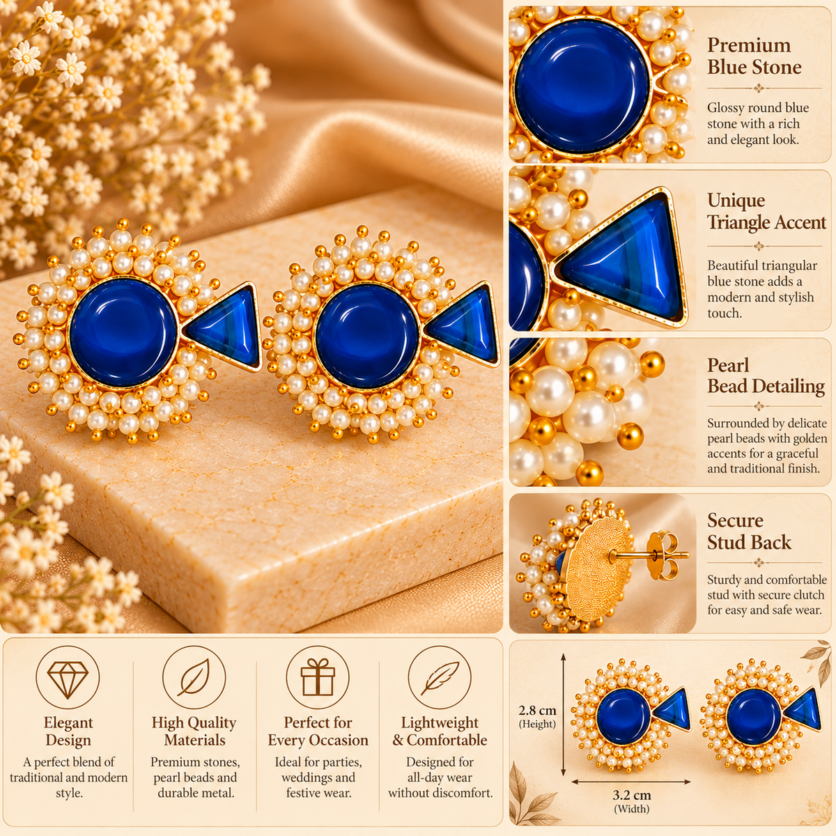 Midnight Pearl Blue Gold Drop Earrings