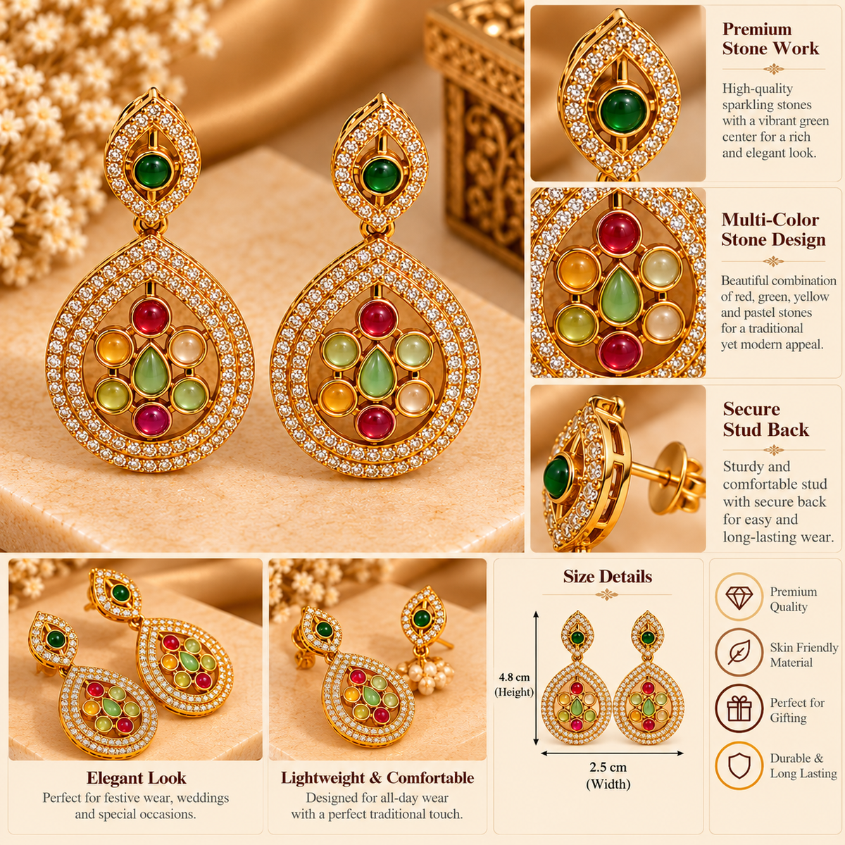 Navratna Multicolour Gold-Tone Teardrop Earrings