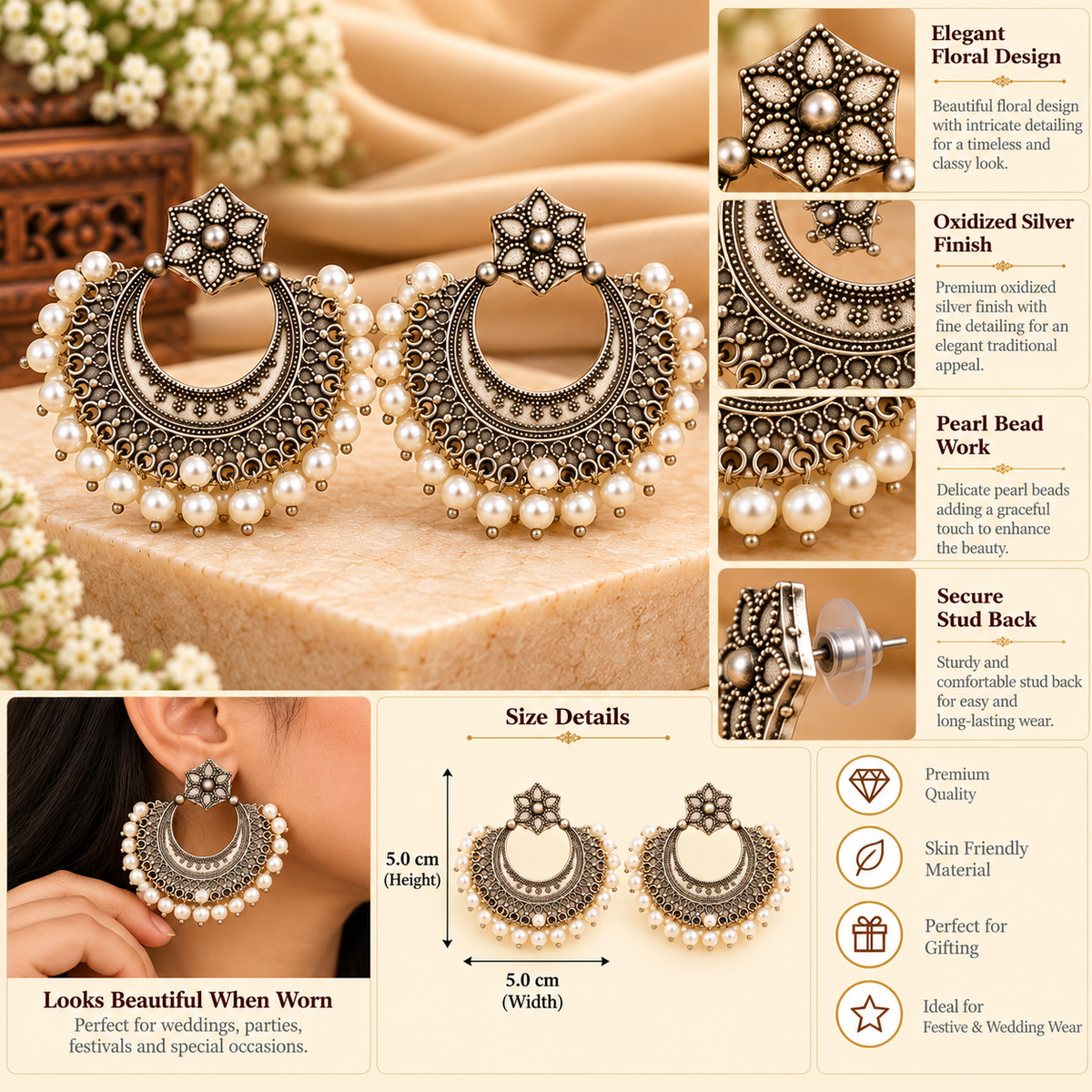Noor-e-Chandbalis Silver Pearl Drop Earrings
