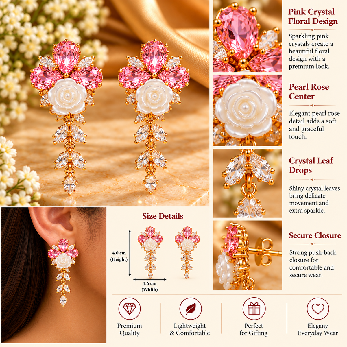 Pink and white crystal earrings