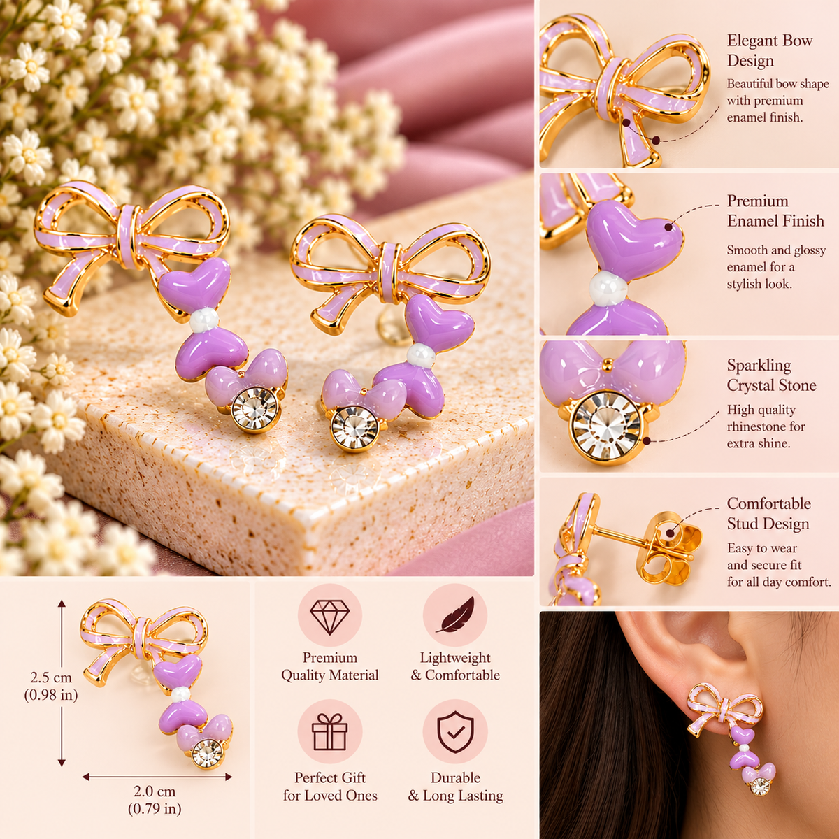 Purple Bow Crystal Earrings