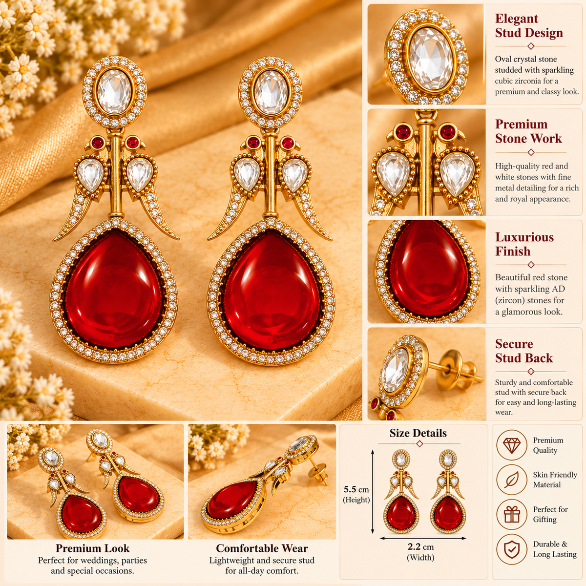 Rooh-e-Awadh Red Stone Gold-Tone Drop Earrings