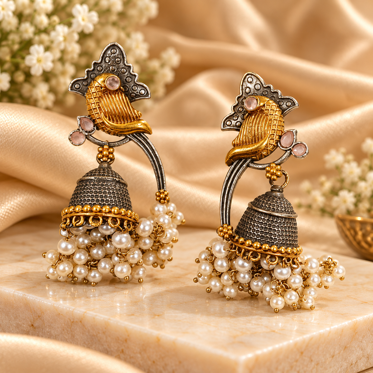 Pearl Love Gold Silver Tone Jhumkas
