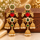 Maharani Kemp Red Green Stone Jhumkas