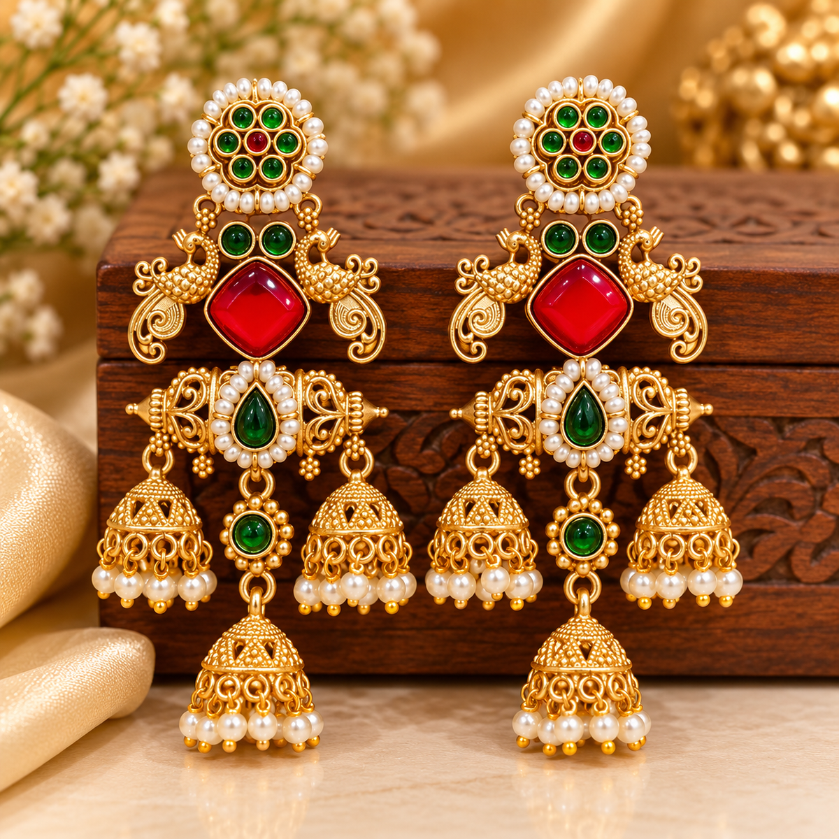 Maharani Kemp Red Green Stone Jhumkas