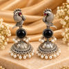 Black Mayuri Peacock Oxidised Silver Jhumkas