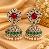 Crimson Jade Green Stone Pearl Drop Jhumkas