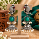 Blue Mayuri Green Stone Pearl Drop Jhumkas