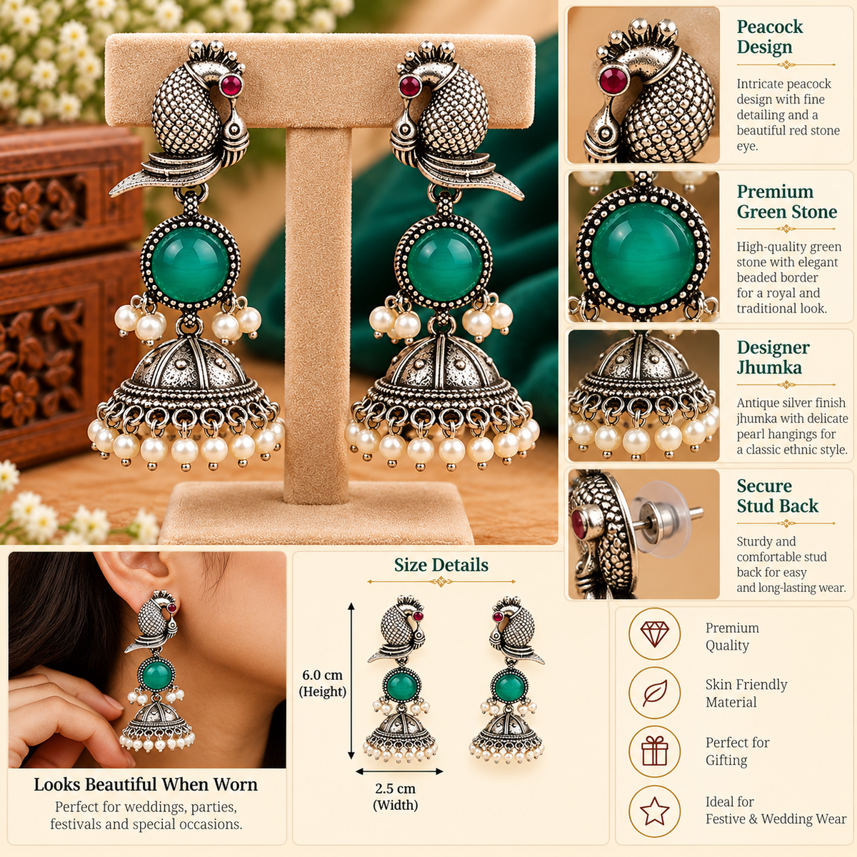 Blue Mayuri Green Stone Pearl Drop Jhumkas
