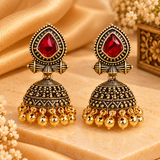Antique Glamour Red Stone Jhumka Earrings