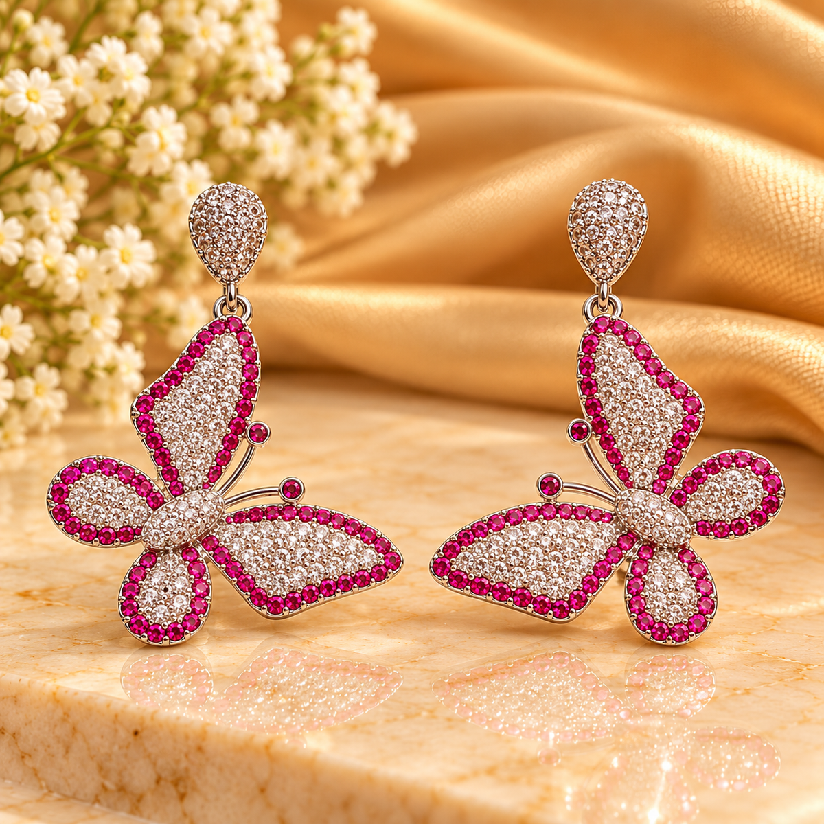 Pink Stone Butterfly Earrings