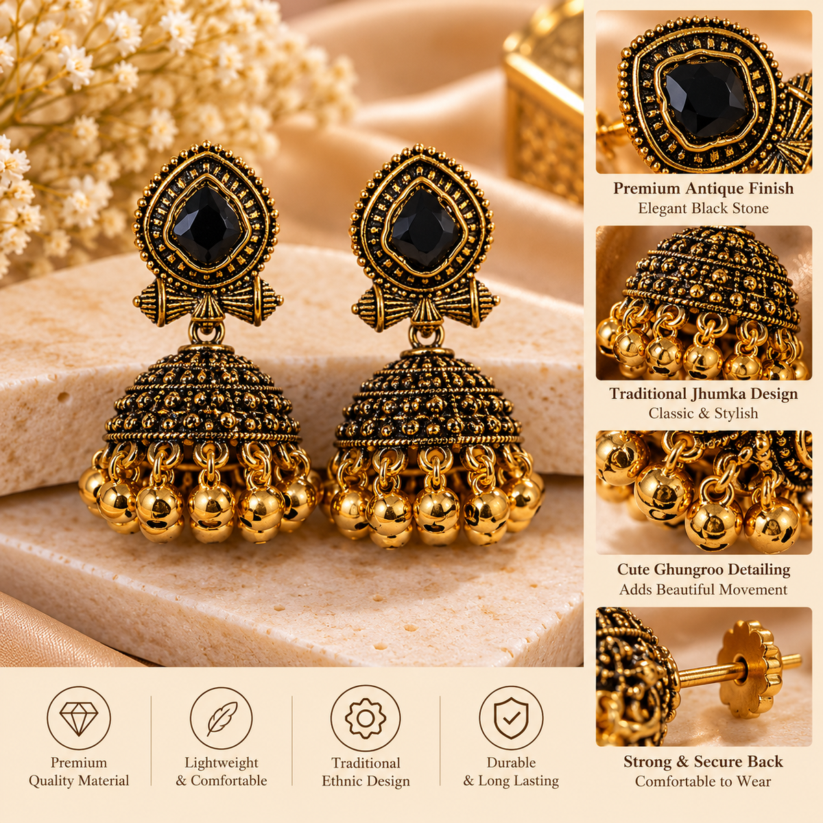 Black & Gold Antique Jhumka Earrings