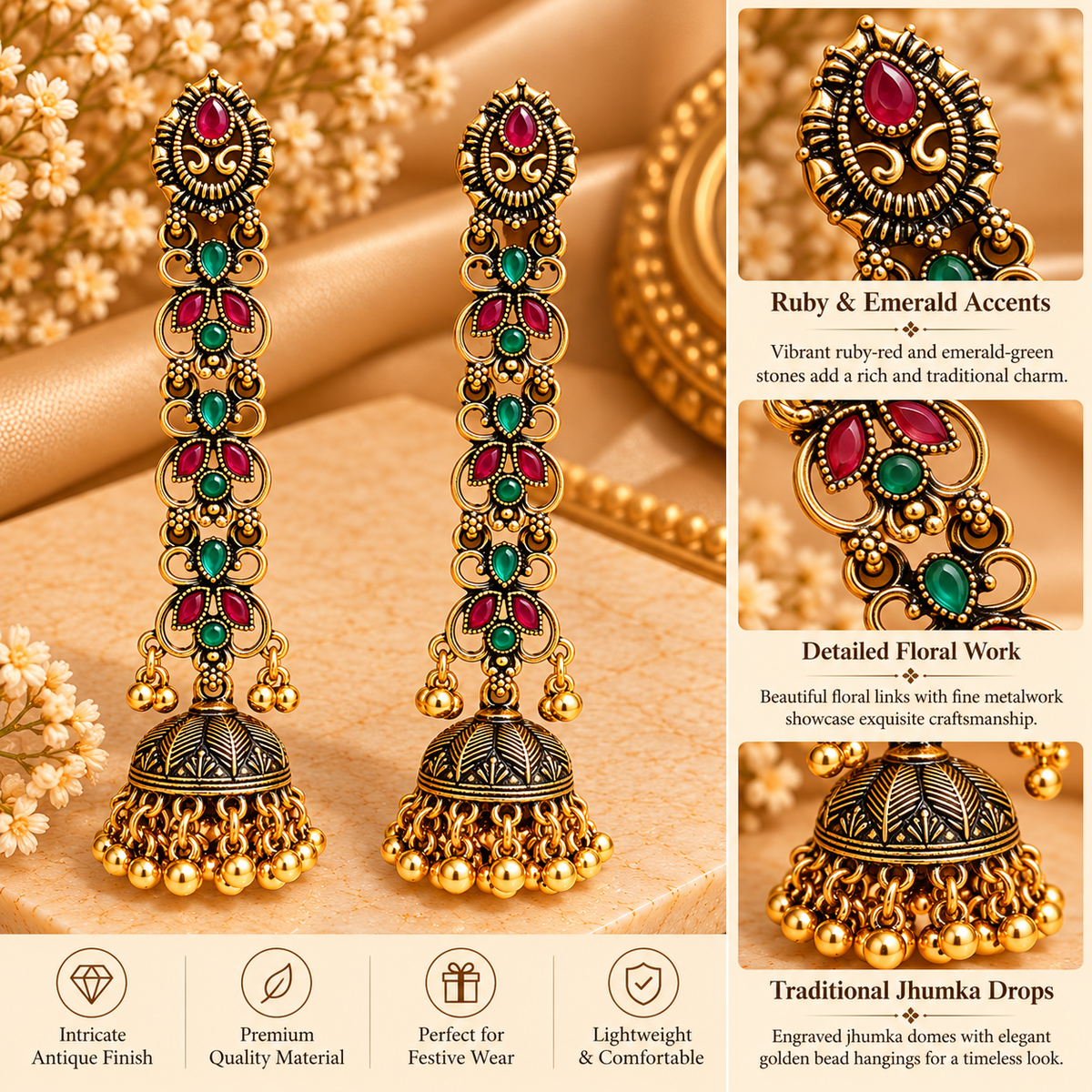 Long Antique Multicolour Jhumka Earrings