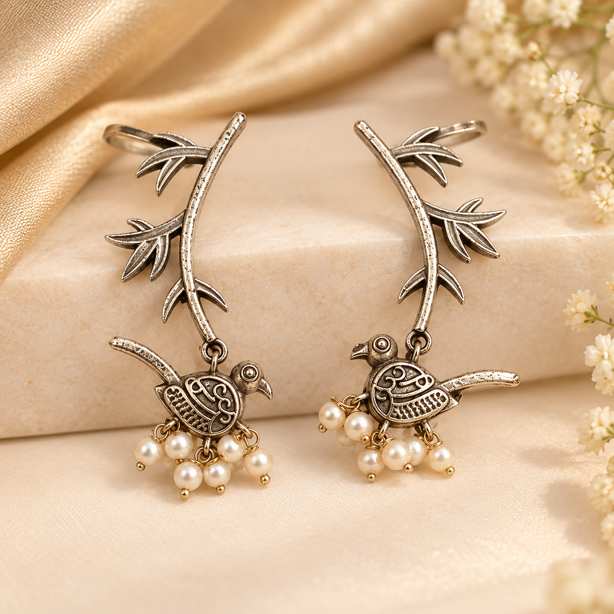 Oxidised Silver Bird Pearl Drop Ear Cuffs