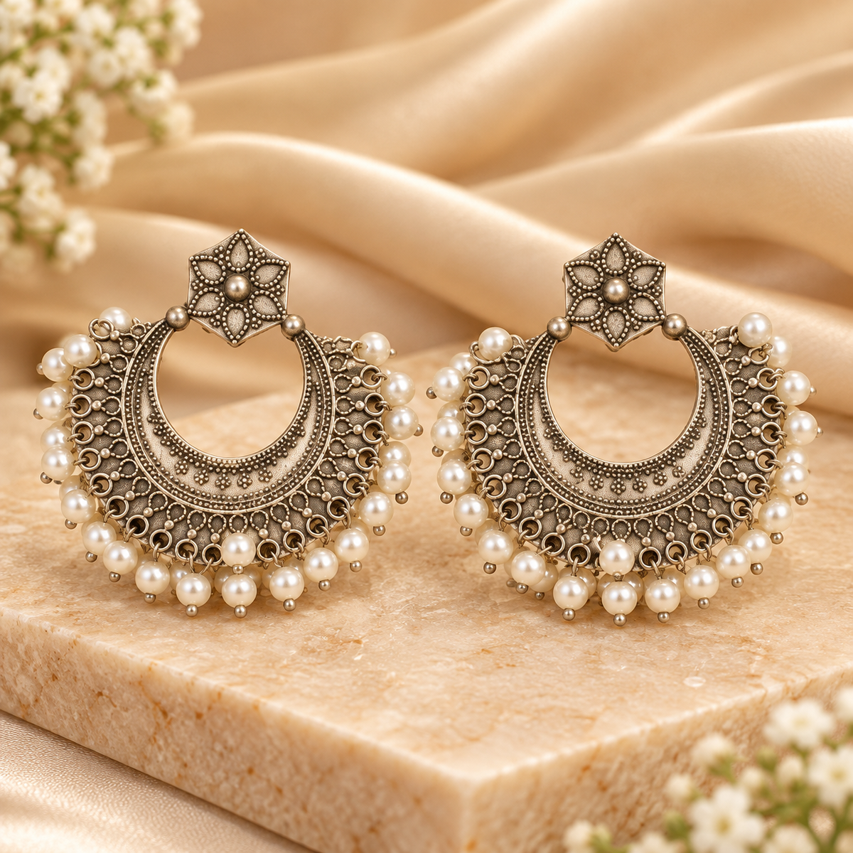 Noor-e-Chandbalis Silver Pearl Drop Earrings