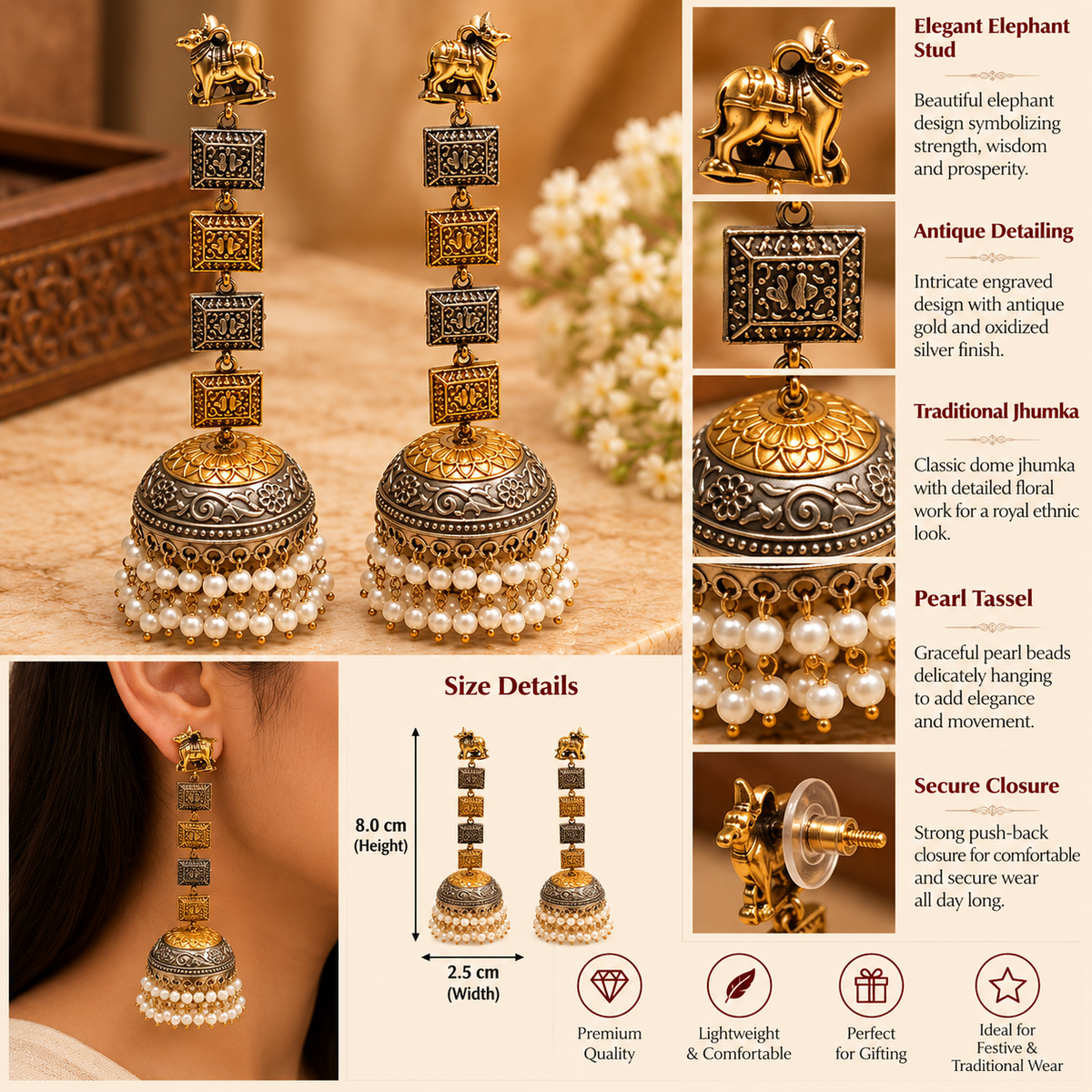 Airavat Dual Tone Elephant Pearl Jhumka Earrings