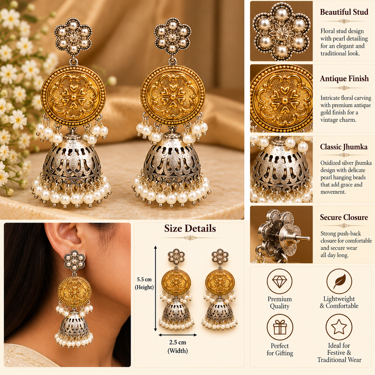 Shahi Gulaal Gold Silver Pearl Jhumka Earrings