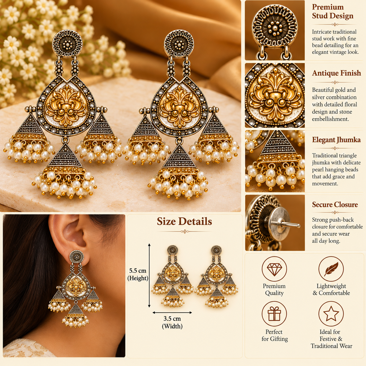 Ruhani Vintage Dual Tone Pearl Drop Earrings