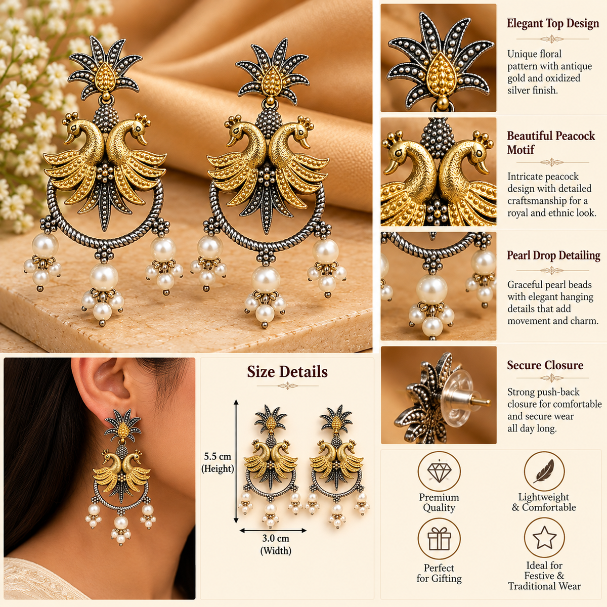 Blush Sage Dual Tone Peacock Pearl Earrings