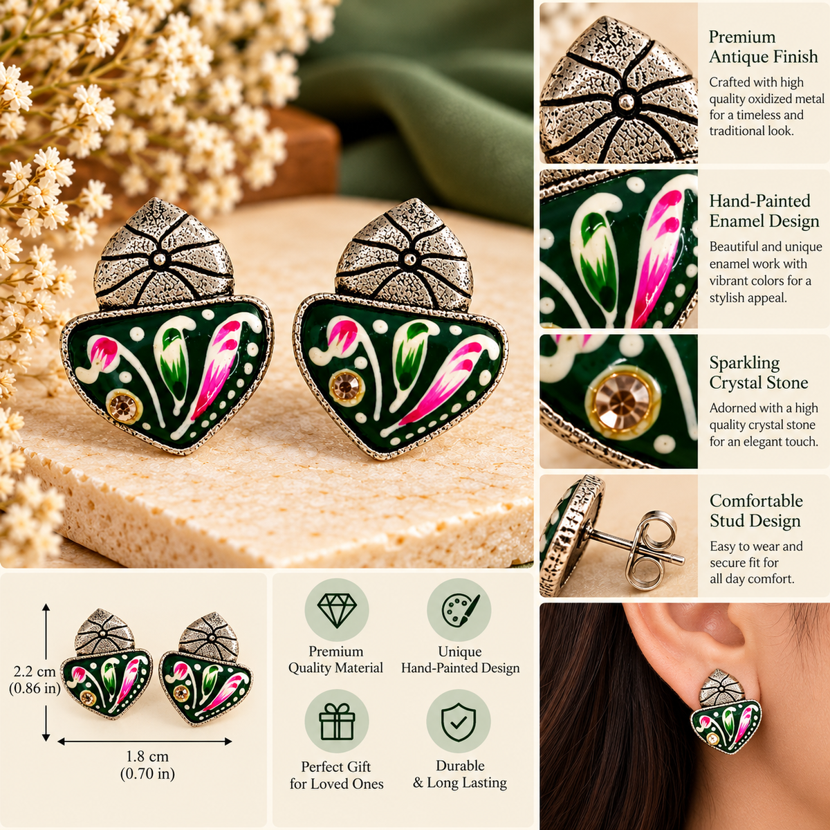 Oxidised Floral Green Pink Stud Earrings