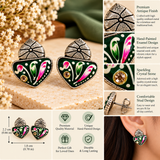 Oxidised Floral Green Pink Stud Earrings