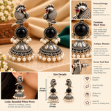 Black Mayuri Peacock Oxidised Silver Jhumkas