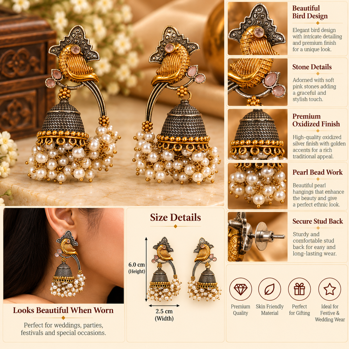 Pearl Love Gold Silver Tone Jhumkas