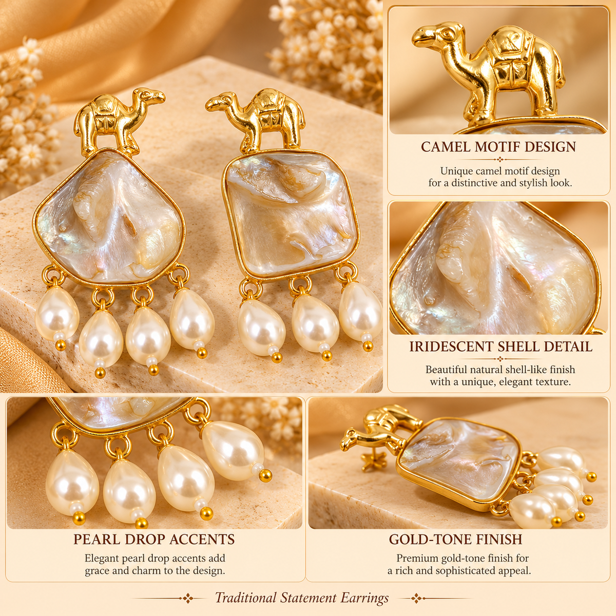 Desert Caravan Camel Pearl Drop Earrings