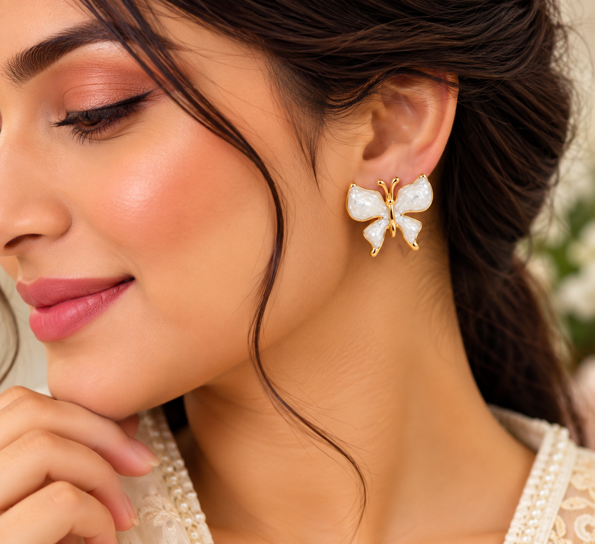 White Enamel Butterfly Stud Earrings