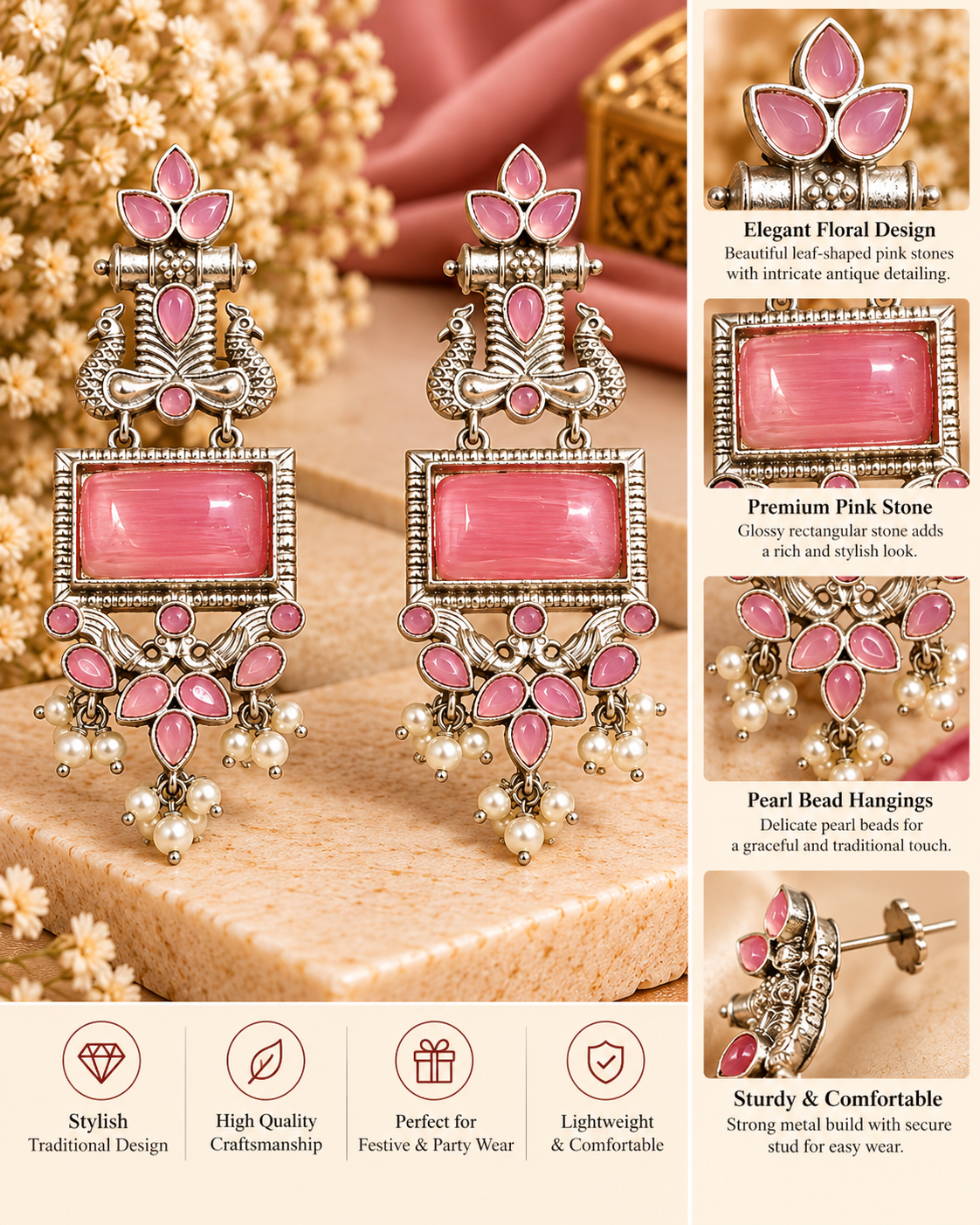 Pink Oxidised Silver Pearl Drop Earrings