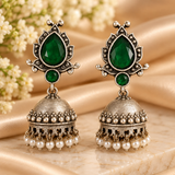 Gulmohar Green Stone Oxidised Jhumkas