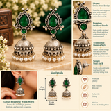Gulmohar Green Stone Oxidised Jhumkas