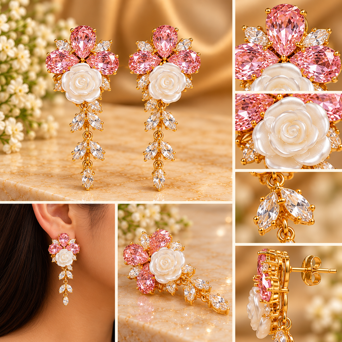 Pink and white crystal earrings