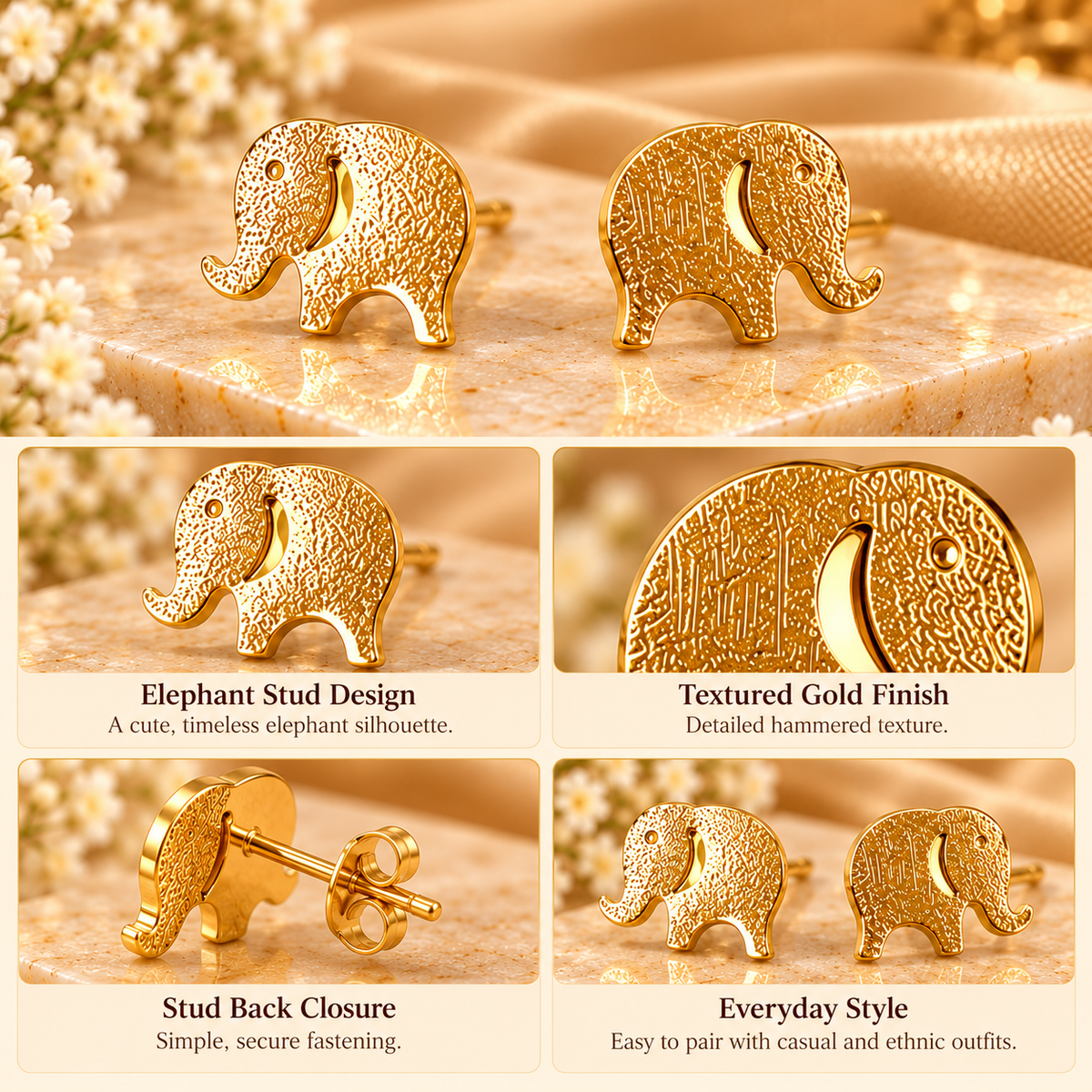 Cute Golden Elephant Stud Earrings