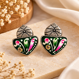 Oxidised Floral Green Pink Stud Earrings