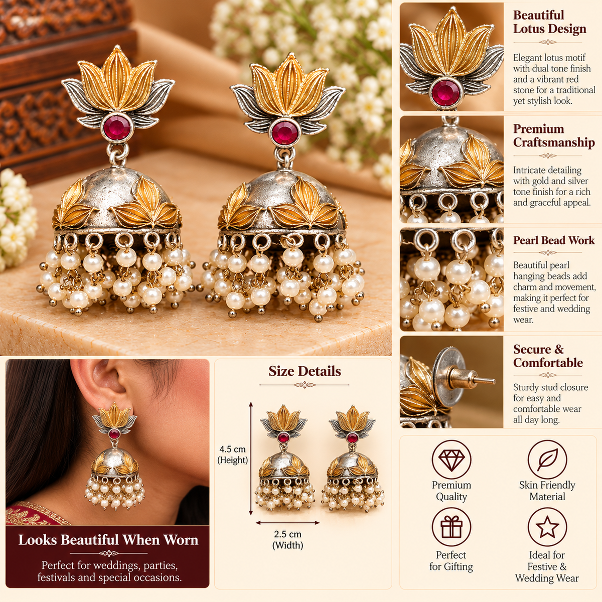 Kamalini Dual Tone Red Pearl Jhumki Earrings