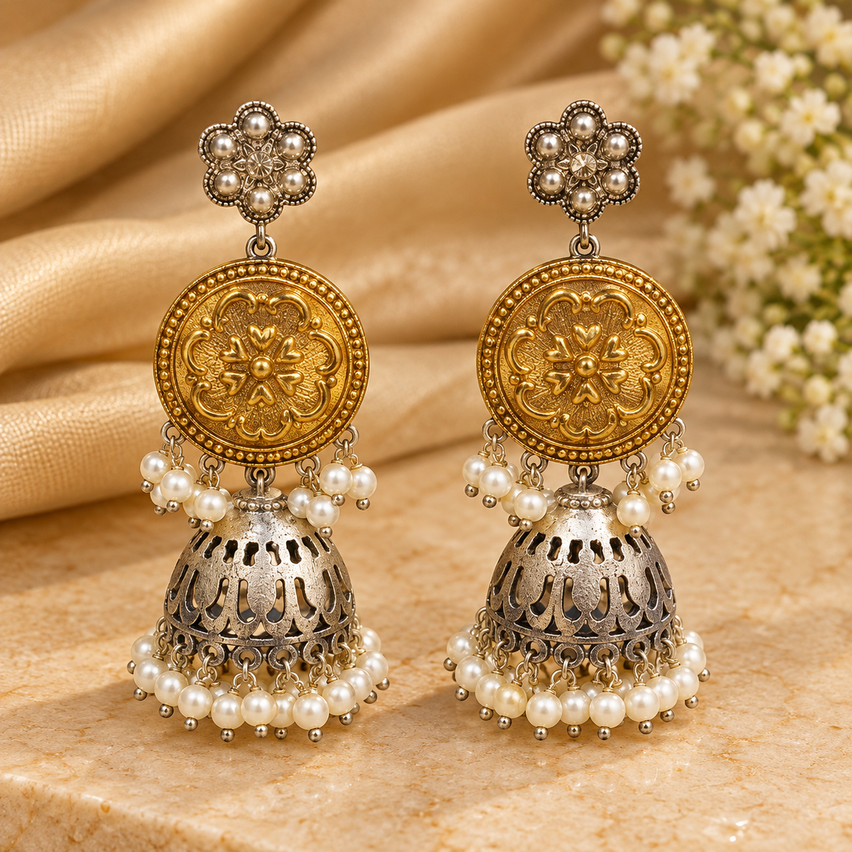 Shahi Gulaal Gold Silver Pearl Jhumka Earrings