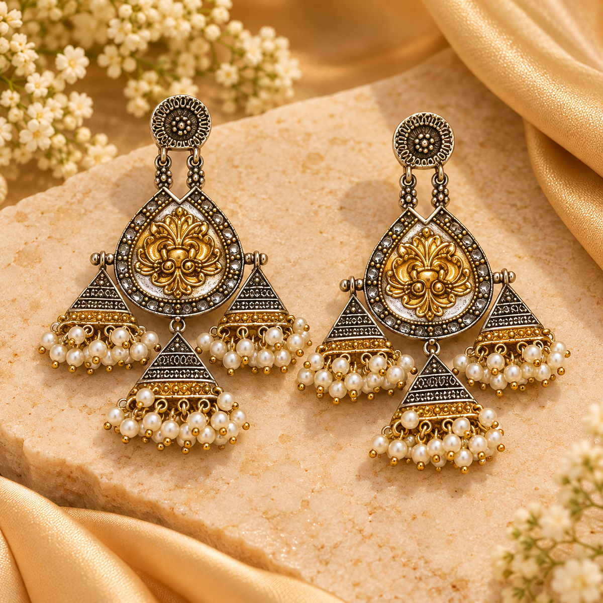 Ruhani Vintage Dual Tone Pearl Drop Earrings