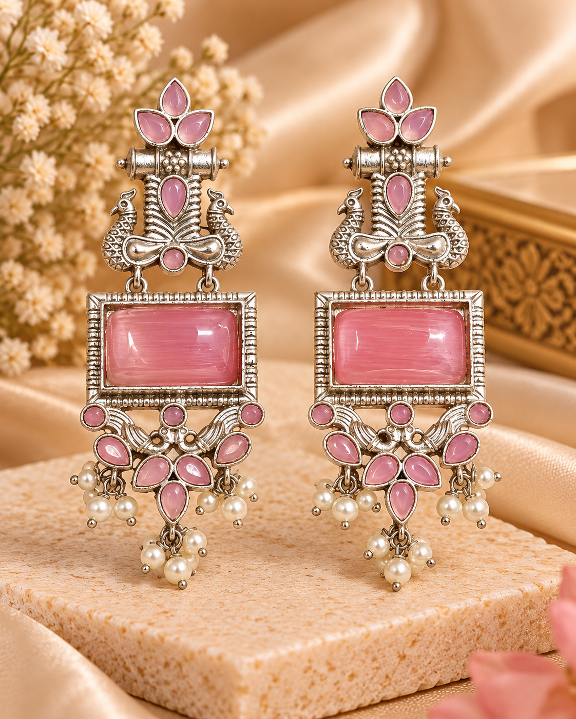 Pink Oxidised Silver Pearl Drop Earrings