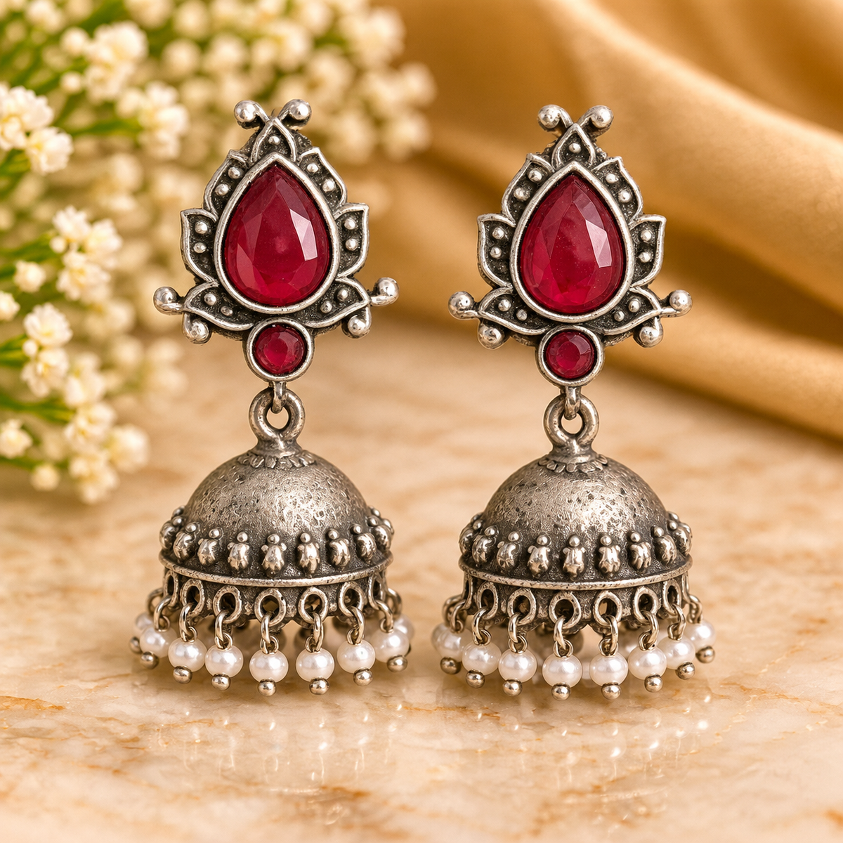 Red Forest Oxidised Silver Teardrop Jhumka Earrings