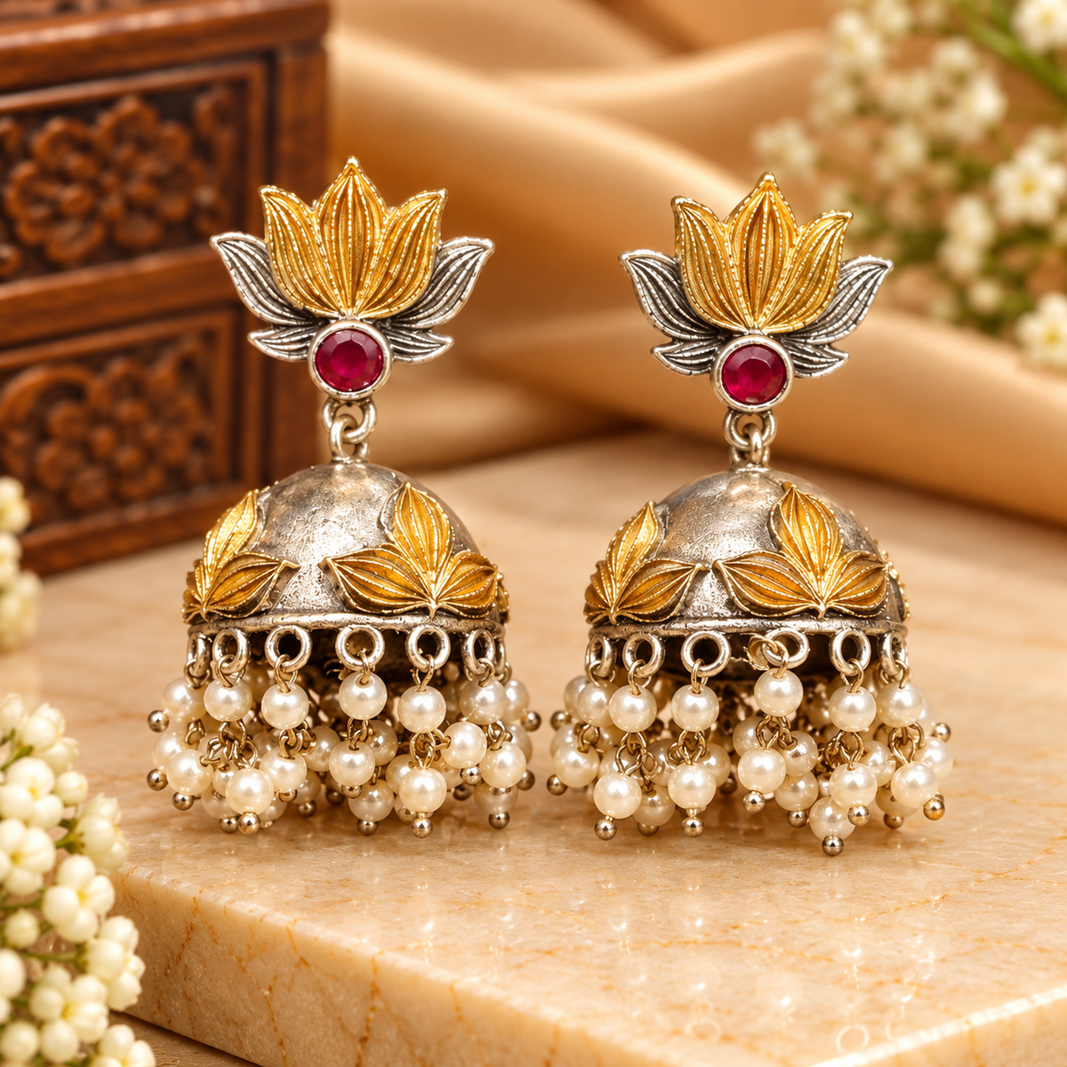Kamalini Dual Tone Red Pearl Jhumki Earrings