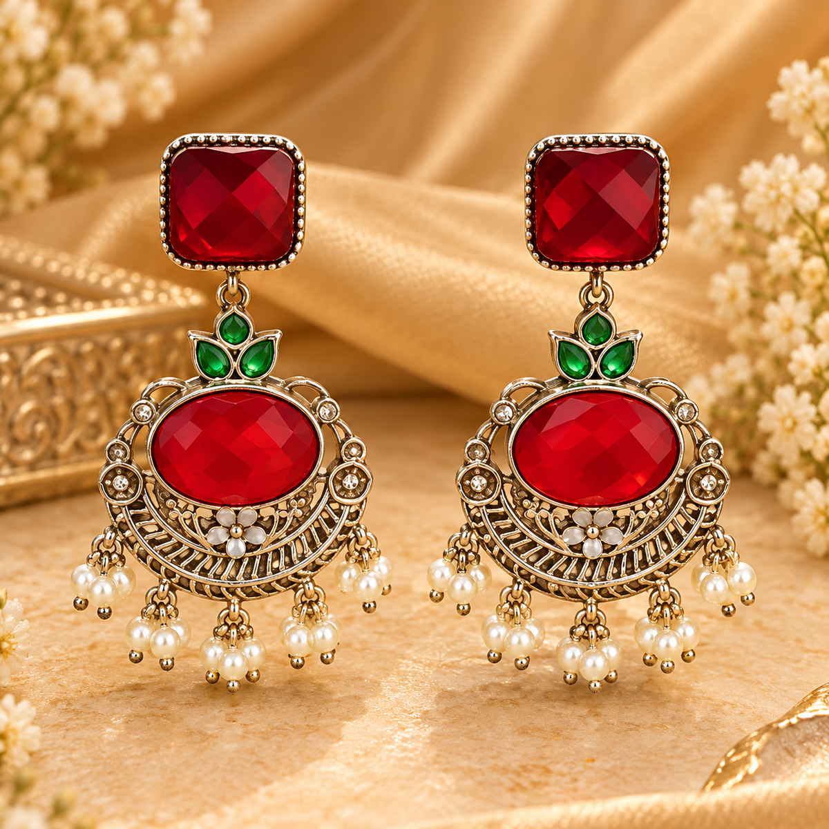 Vintage Berry Red Stone Gold Dangler Earrings