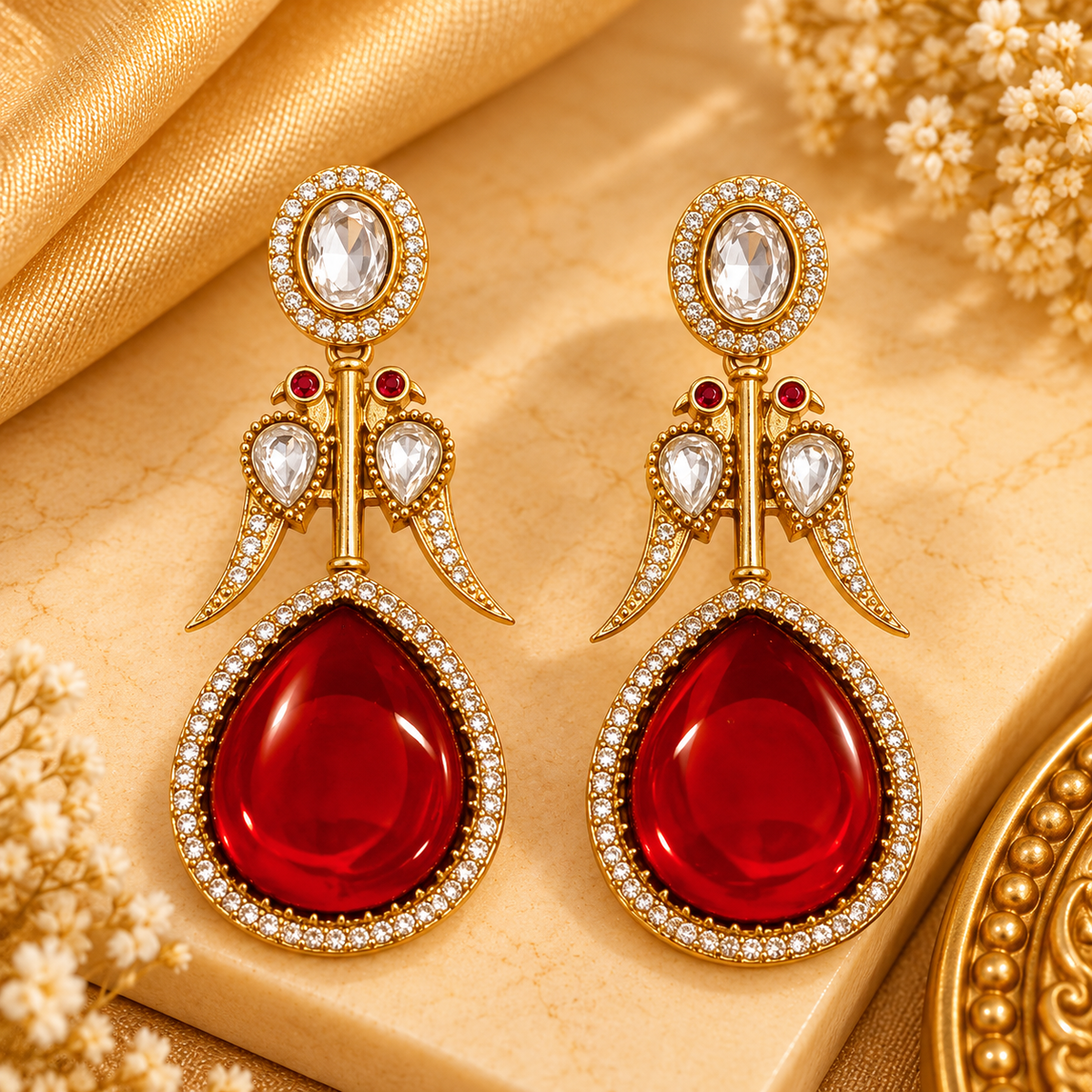 Rooh-e-Awadh Red Stone Gold-Tone Drop Earrings