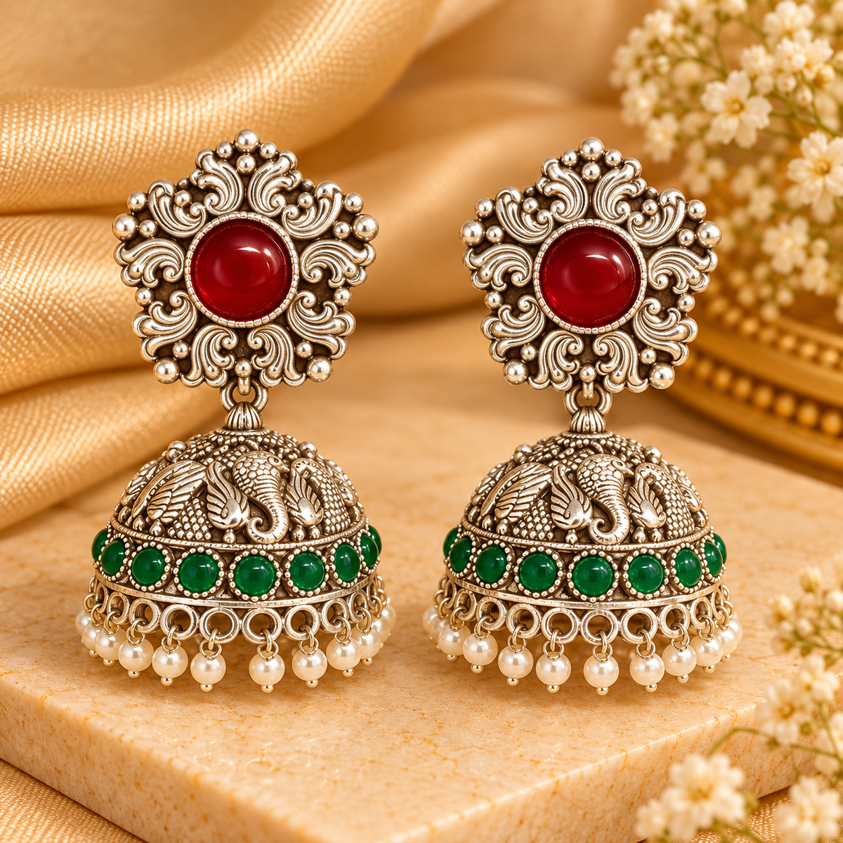 Crimson Jade Green Stone Pearl Drop Jhumkas