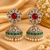Crimson Jade Green Stone Pearl Drop Jhumkas