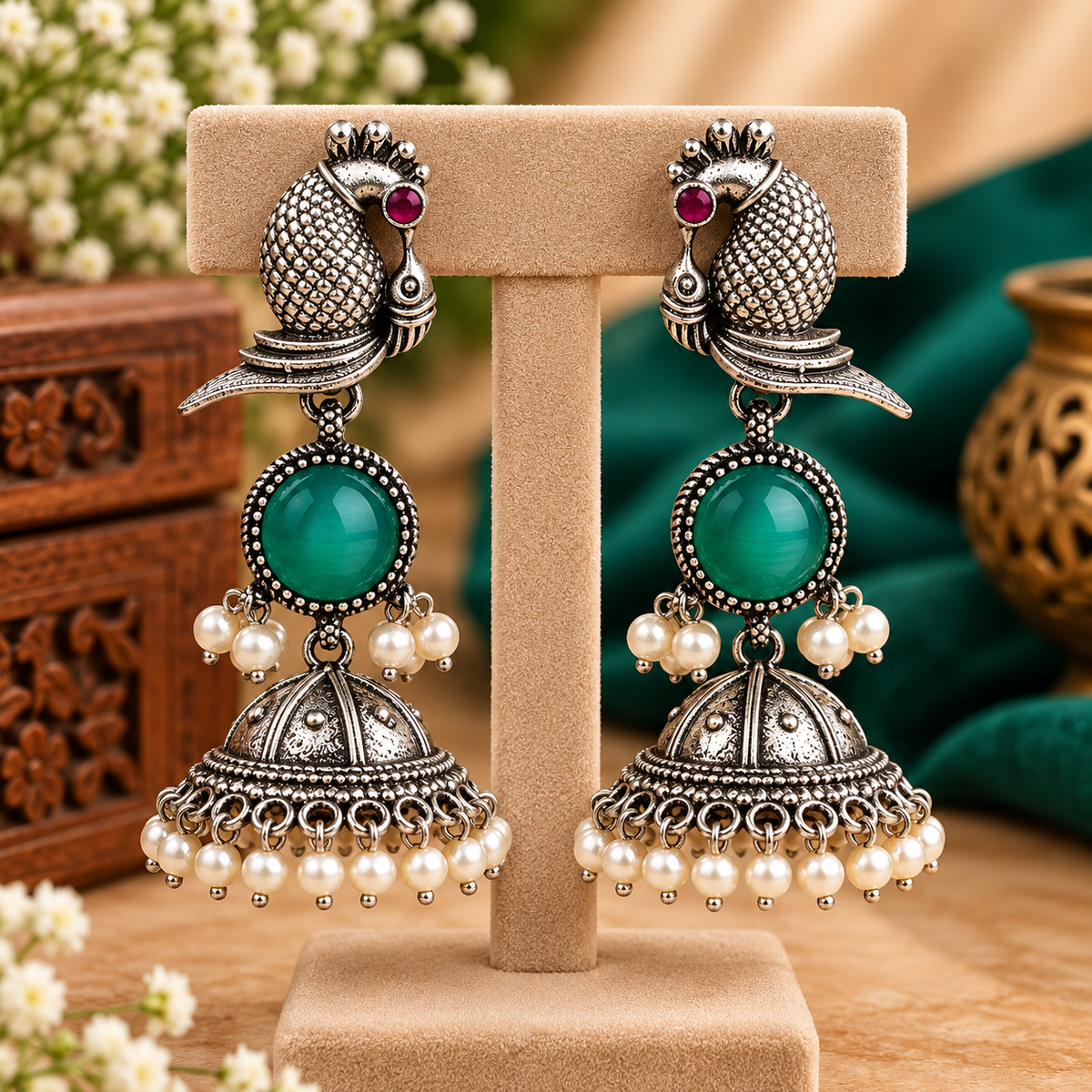 Blue Mayuri Green Stone Pearl Drop Jhumkas